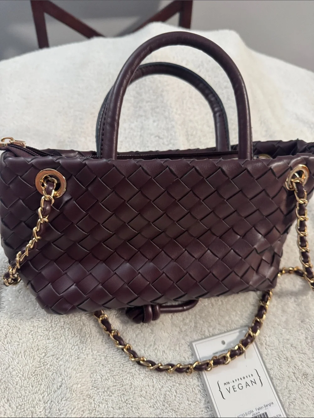 Woven Vegan Burgundy Top-Handle Bag